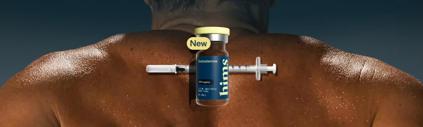 Testosterone injection vial and syringe resting on a man's back