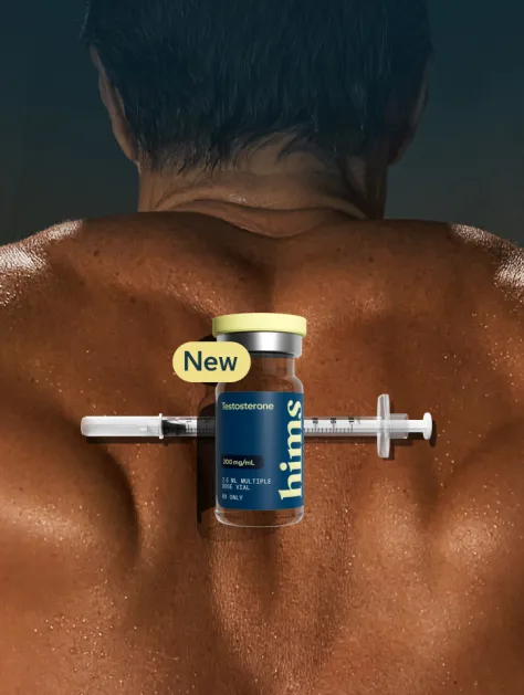 Testosterone injection vial and syringe resting on a man's back